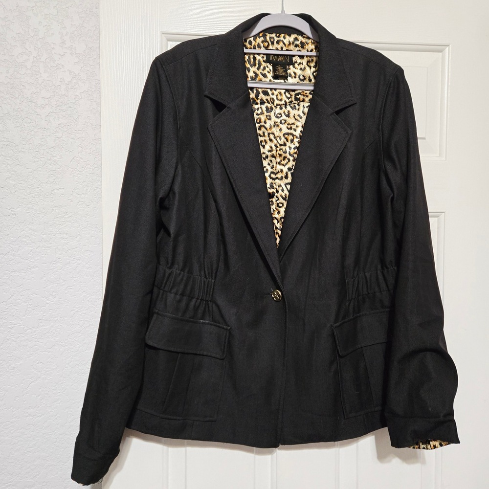 IMAN Black Cheetah Lined Blazer‎ Jacket 1X Elastic Waist Pockets Gold Button